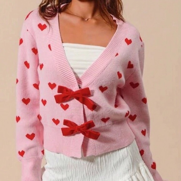 Women's Love Print Bow Cardigan Valentine's Day Casual Sweater